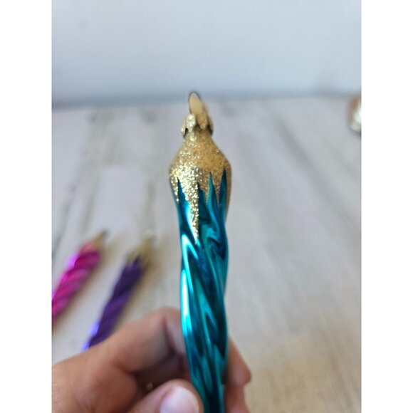 Vintage Germany Mercury icicle glitter gold ornament glass blue purple pink set - Picture 9 of 12